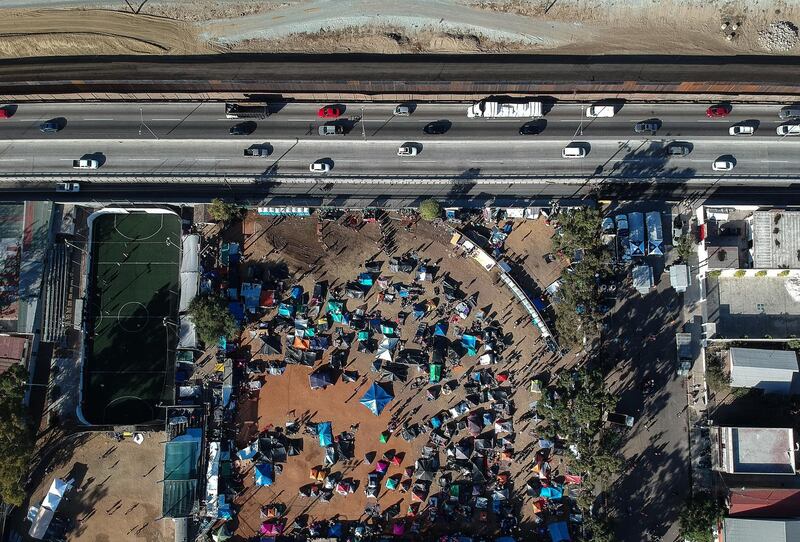 An aerial view of shelters where members of the Central American migrant caravan are staying in the city of Tijuana, Baja California, Mexico.  EPA