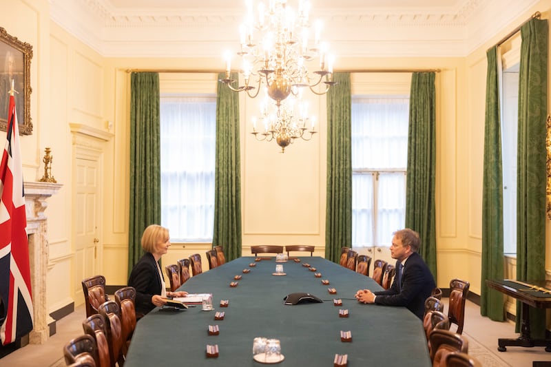 Liz Truss speaks to Grant Shapps at Downing Street as he is appointed Home Secretary, after the resignation of Suella Braverman. Photo: Simon Dawson / No 10 Downing Street