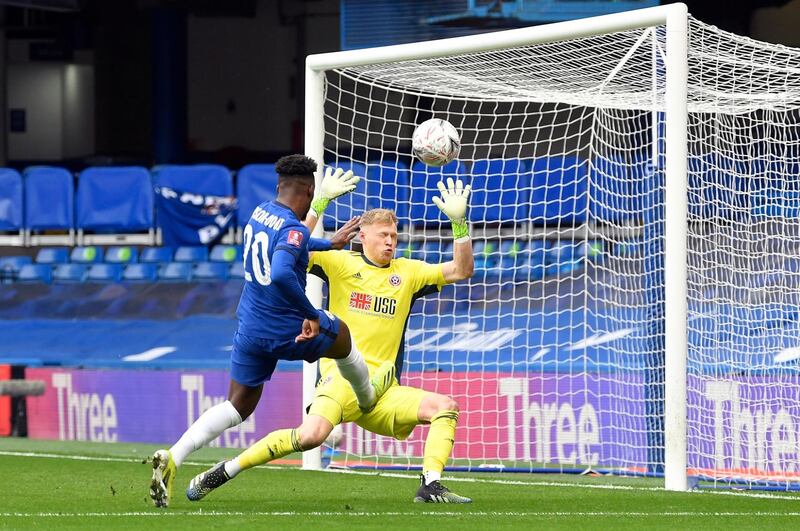 Sheffield United's Aaron Ramsdale saves a shot from Chelsea's Callum Hudson-Odoi during their FA Cup match at Stamford Bridge. Reuters