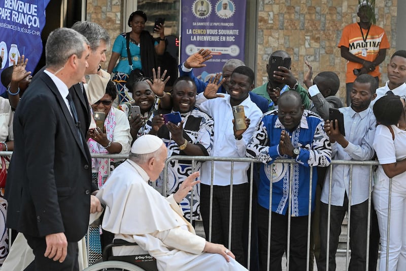 Pope Francis arrives for a meeting with bishops at the National Episcopal Conference of Congo in Kinshasa. AFP