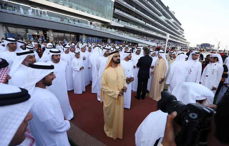 H .H . Sheikh Mohammed bin Rashid Al Maktoum , UAE Vice President and Prime Minister and Ruler of Dubai at the Meydan Racecourse in Dubai. ( Pawan Singh / The National )