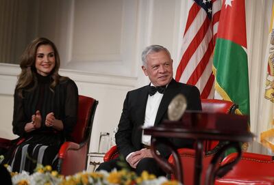 King Abdullah II Jordan and Queen Rania receive the Path to Peace Award in New York on May 9, 2022. AFP
