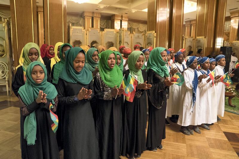 ADDIS ABABA, ETHIOPIA - June 15, 2018: Children sing prior to a meeting with HE Abiy Ahmed, Prime Minister of Ethiopia (not shown), at Jubilee Palace. 
( Mohamed Al Hammadi / Crown Prince Court - Abu Dhabi )
---