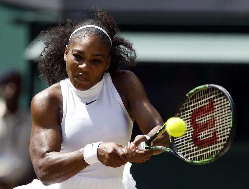 Serena Williams of the US returns to Elena Vesnina of Russia during their women’s singles match on day eleven of the Wimbledon Tennis Championships in London, Thursday, July 7, 2016. (AP Photo/Kirsty Wigglesworth)