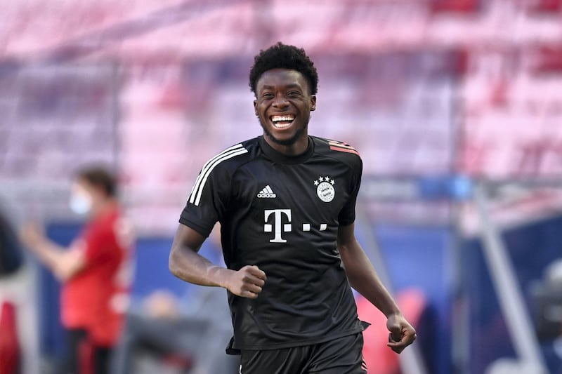 LISBON, PORTUGAL - AUGUST 22:  Alphonso Davies of FC Bayern Munich reacts during a training session ahead of their UEFA Champions League Final match against Paris Saint-Germain at Estadio do Sport Lisboa e Benfica on August 22, 2020 in Lisbon, Portugal. (Photo by Michael Regan - UEFA/UEFA via Getty Images)