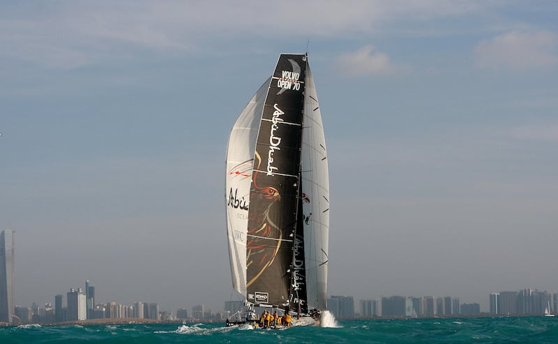 Abu Dhabi, United Arab Emirates, Jan 4 2012, Volvo Ocean Race , Abu Dhabi-  The  Abu Dhabi boat Azzam crosses the finishline as they complete leg two, Cape Town South Africa to Abu Dhabi.   Mike Young / The National