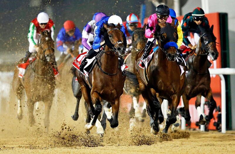 epaselect epa06640166 Christophe Soumillon on Thunder Snow (center L) from Ireland owned to UAE's Godolphin on their way winning the Dubai World Cup main race during the Dubai World Cup 2018 at the Meydan race course in Gulf emirate of Dubai, United Arab Emirates, 31 March 2018. The Dubai World Cup is one of the richest events in the horse racing sporting calendar with 30 million US dollars in prize money.  EPA/ALI HAIDER