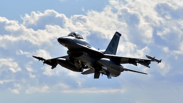 An F-16 Fighting Falcon from the 510th Squadron takes off at Nellis Air Force Base, Nevada. US Air Force / AP