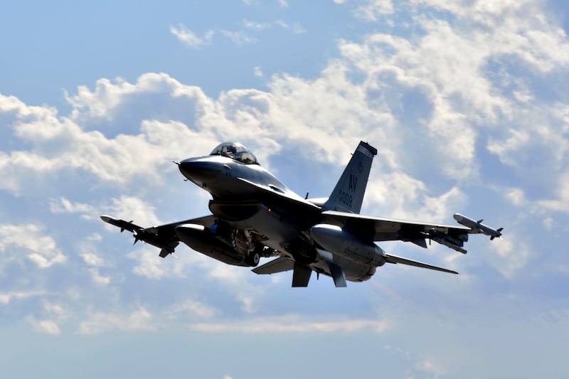 An F-16 Fighting Falcon from the 510th Squadron takes off at Nellis Air Force Base, Nevada. US Air Force / AP