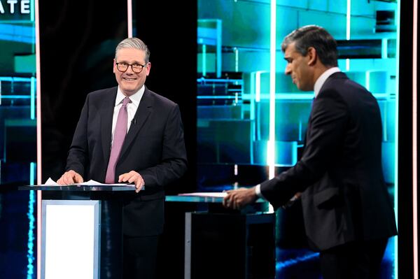 Labour Party leader Sir Keir Starmer (left) and Prime Minister Rishi Sunak during the ITV General Election debate in Manchester. ITV