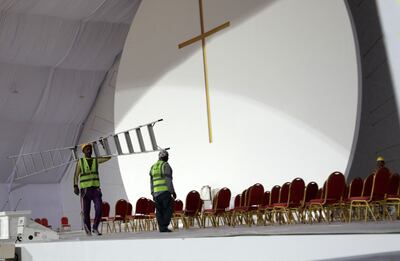 The stage is prepared at the Bahrain National Stadium for the Pope's visit to the kingdom. AFP