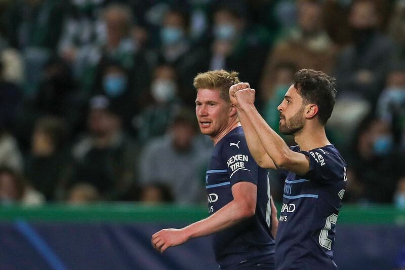 Bernardo Silva celebrates his first goal for Manchester City with teammate Kevin De Bruyne. EPA