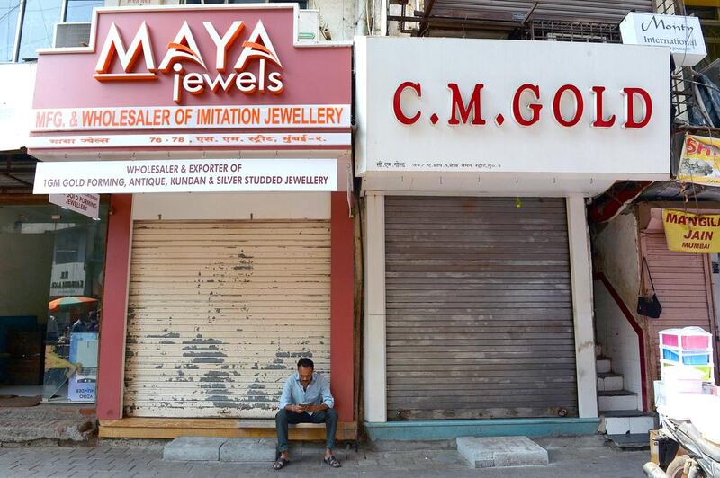 Mumbai’s bustling Zaveri Bazaar looks deserted during the jewellers’ strike. Indranil Mukherjee / AFP