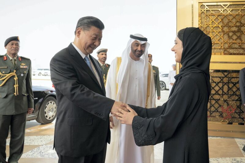 ABU DHABI, UNITED ARAB EMIRATES - July 21, 2018: HH Sheikha Meera bint Hazza bin Zayed Al Nahyan (R) bids farewell to HE Xi Jinping, President of China (2nd L), at the Presidential Airport. Seen with HH Sheikh Mohamed bin Zayed Al Nahyan, Crown Prince of Abu Dhabi and Deputy Supreme Commander of the UAE Armed Forces (C).

( Mohamed Al Hammadi / Crown Prince Court - Abu Dhabi )
---