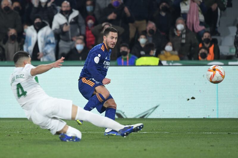 Eden Hazard scores Real Madrid's second goal against Elche. AFP