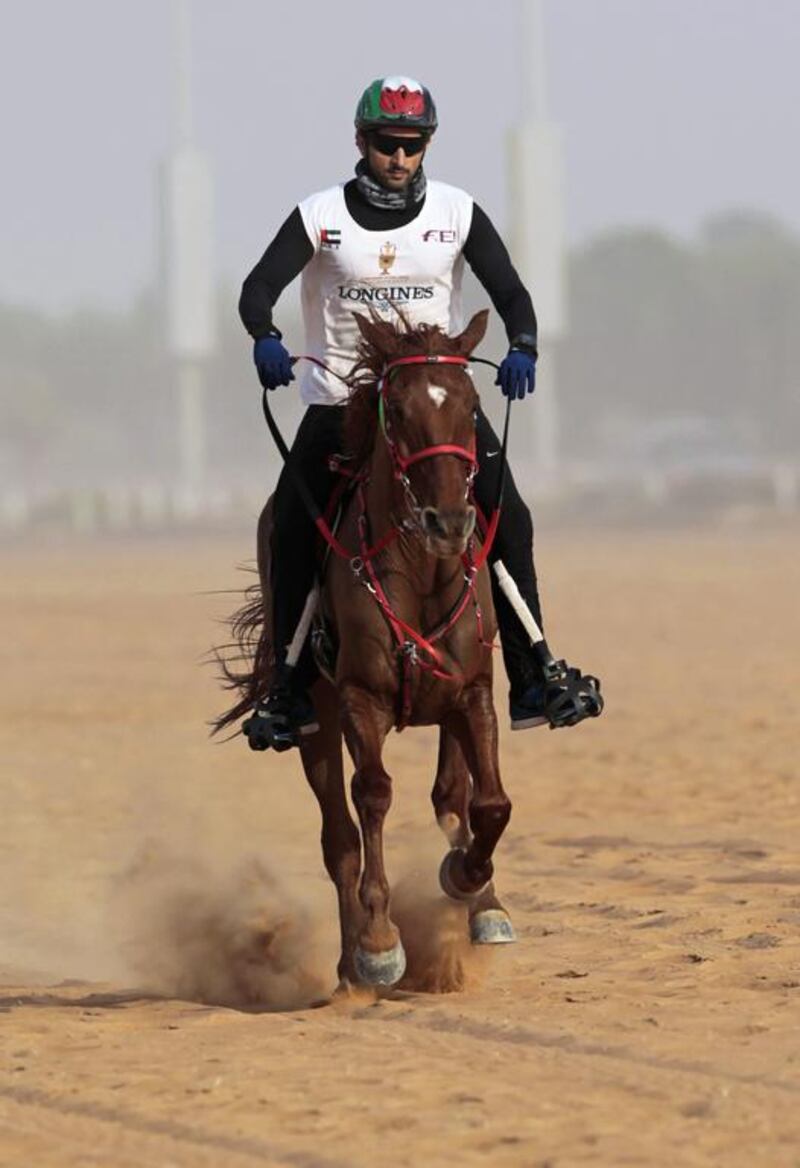 Sheikh Hamdan bin Mohammed, Crown Prince of Dubai, canters on his mount Nopoli Del Ma to win the 160 km, $2.6 million Sheikh Mohammed bin Rashid al-Maktoum Endurance Cup. 