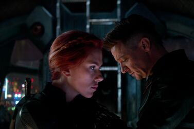 This image released by Disney shows Scarlett Johansson, left, and Jeremy Renner in a scene from 'Avengers: Endgame'. AP