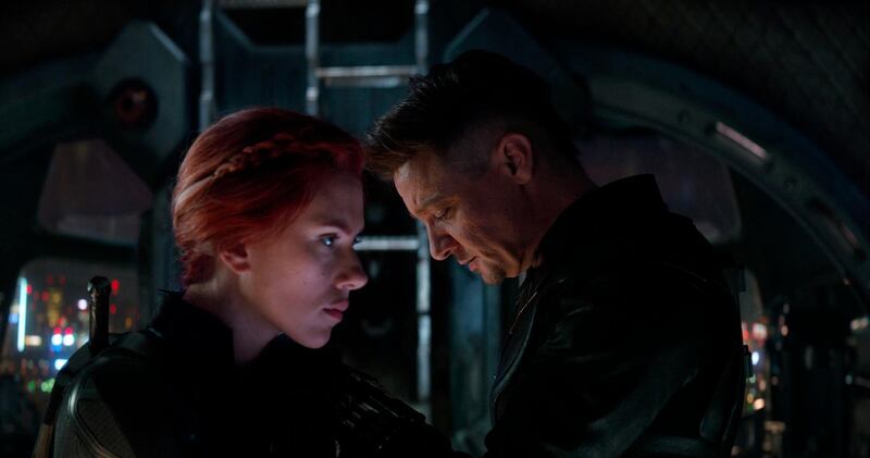 This image released by Disney shows Scarlett Johansson, left, and Jeremy Renner in a scene from â€œAvengers: Endgame.â€ (Disney/Marvel Studios via AP)