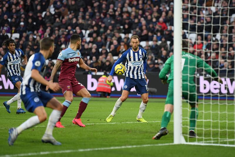 Glenn Murray of Brighton controls the ball before scoring the Brighton's controversial late equaliser at West Ham. Getty