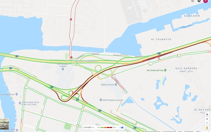 Heavy traffic has been reported on the main approach road to Abu Dhabi island, close to Sheikh Zayed Bridge