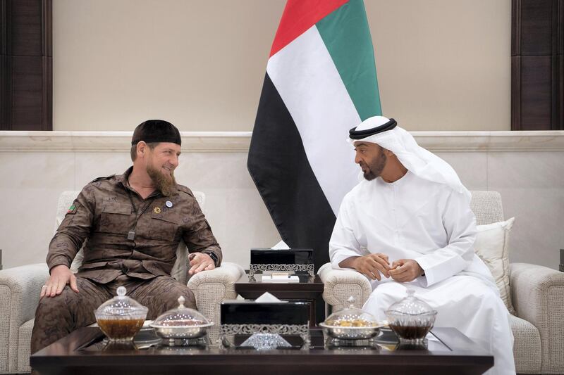 ABU DHABI, UNITED ARAB EMIRATES - June 05, 2018: HH Sheikh Mohamed bin Zayed Al Nahyan Crown Prince of Abu Dhabi Deputy Supreme Commander of the UAE Armed Forces (R), speaks with HE Ramzan Kadyrov President of the Chechnya (L), during an iftar reception at Al Bateen Palace.

( Saeed Al Neyadi / Crown Prince Court - Abu Dhabi )
---