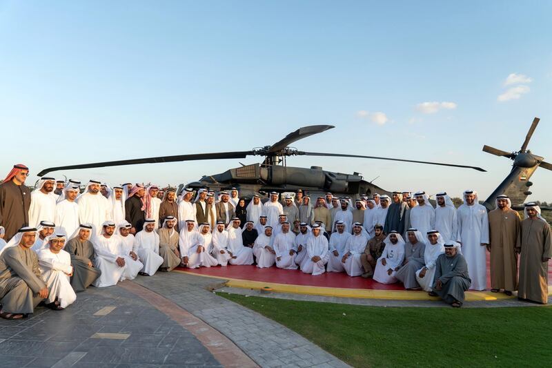 ABU DHABI, UNITED ARAB EMIRATES - January 21, 2019: HH Sheikh Mohamed bin Zayed Al Nahyan, Crown Prince of Abu Dhabi and Deputy Supreme Commander of the UAE Armed Forces (2nd row 16th R) stands for a photograph with members of the UAE Armed forces and developers who worked on the new weapon system developed by the UAE for Black Hawk helicopters, at the Sea Palace. Seen with HH Sheikh Nahyan bin Saif bin Mohamed Al Nahyan (2nd row 3rd R), HH Sheikh Rashid bin Hamdan bin Mohamed Al Nahyan (2nd row 12th R), HE Lt General Hamad Thani Al Romaithi, Chief of Staff UAE Armed Forces (2nd row 14th R), HH Sheikh Hamdan bin Zayed Al Nahyan, Ruler���s Representative in Al Dhafra Region (2nd row 15th R), HH Sheikh Mohamed bin Butti Al Hamed (2nd row 17th R), HE Dr Amal Abdullah Al Qubaisi, Speaker of the Federal National Council (FNC) (2nd row 16th R), HH Sheikh Saeed bin Mohamed Al Nahyan (2nd row 17th R) and HH Sheikh Khaled bin Zayed Al Nahyan, Chairman of the Board of Zayed Higher Organization for Humanitarian Care and Special Needs (ZHO) (2nd row 19th R).

( Rashed Al Mansoori / Ministry of Presidential Affairs )
---