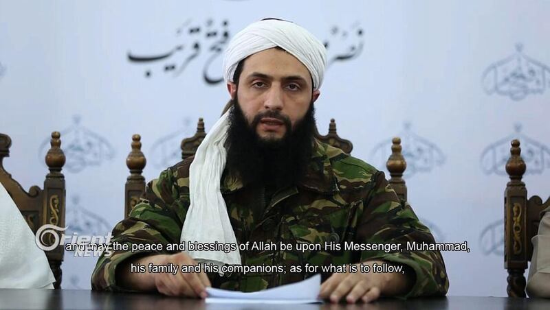 A screengrab of the video in which Jabhat Al Nusra's head, Abu Mohamad Al Jolani, announced that the extremist group was breaking ties with Al Qaeda. Orient News/AFP/Handout