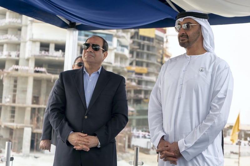 AL ALAMEIN, EGYPT - March 28, 2019: HH Sheikh Mohamed bin Zayed Al Nahyan, Crown Prince of Abu Dhabi and Deputy Supreme Commander of the UAE Armed Forces (R) and HE Abdel Fattah El Sisi President of Egypt (L), inspect projects at Al Alamein city. 

( Rashed Al Mansoori / Ministry of Presidential Affairs )
---