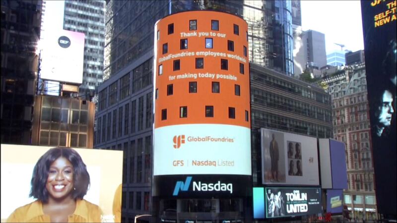 A GlobalFoundries sign in Times Square in New York City on Thursday. Photo: Screengrab