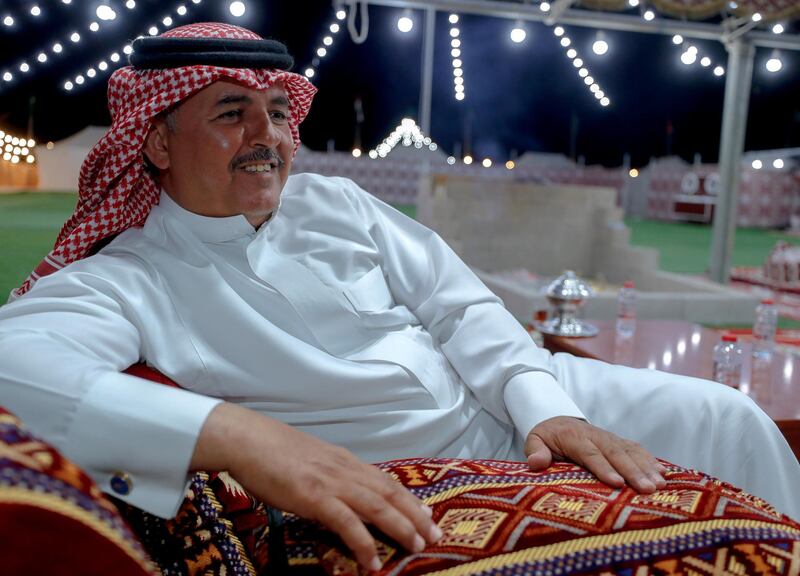 Abu Dhabi, United Arab Emirates, December 10, 2019.    ---Mohammed Fahd Al Ulayan, 48, from Saudi Arabia relaxes at his tent at the Al Dhafra Festival in Abu Dhabi.Victor Besa/The NationalSection:  NAReporter:  Anna Zacharias