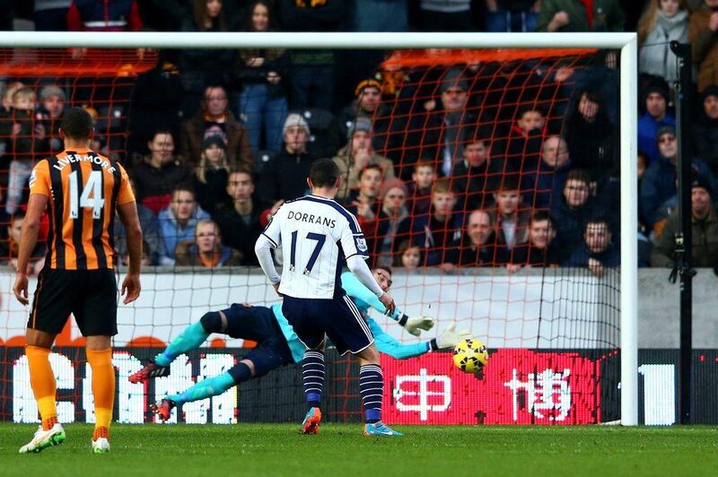 Graham Dorrans of West Brom has his penalty kick saved by goalkeeper Allan McGregor of Hull City during their Premier League match on Saturday. Matthew Lewis / Getty Images