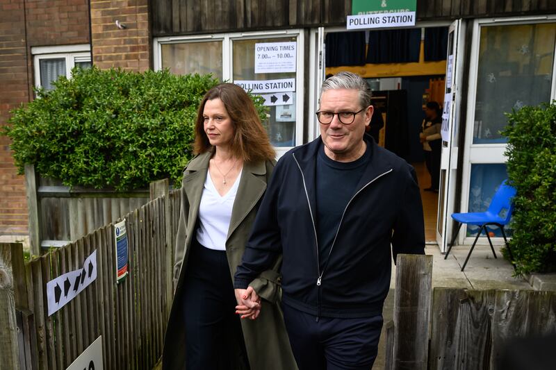 Labour Party Leader Keir Starmer and his wife Victoria leave after placing their vote in the the London Mayoral election on Thursday in London. Getty Images