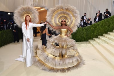 Iman and fashion designer Harris Reed at the 2021 Met Gala in New York.  Reed created Iman's look, with help from Dolce & Gabbana. Photo Angela Weiss