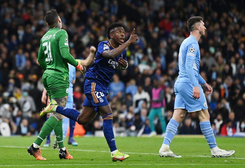 Vinicius Junior - 7: Saw shot deflected wide after 18 minutes when Benzema was crying out for pass. Some Brazilian magic to make it 3-2 with a sensational dummy past Fernandinho, surging down left flank before finishing well. Getty