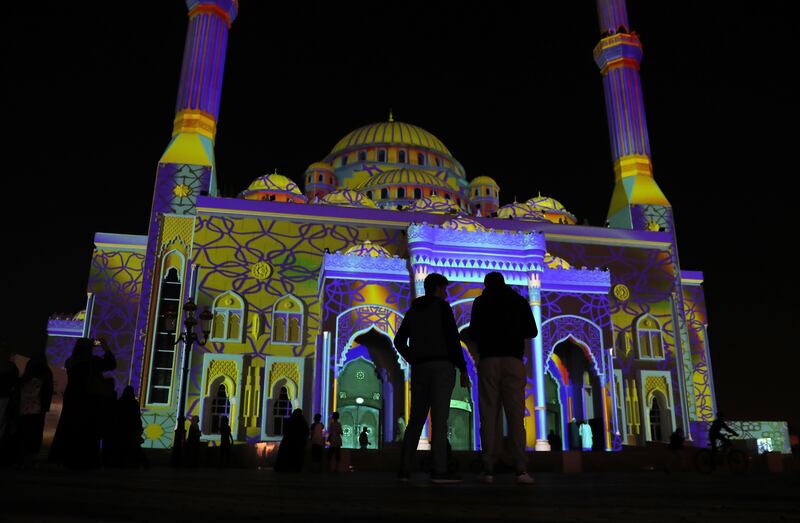 Projections on Al Noor Mosque as part of the Sharjah Light Festival. All photos: Pawan Singh / The National