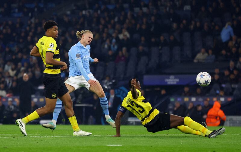 Erling Haaland scores his second and Manchester City's third goal. Reuters