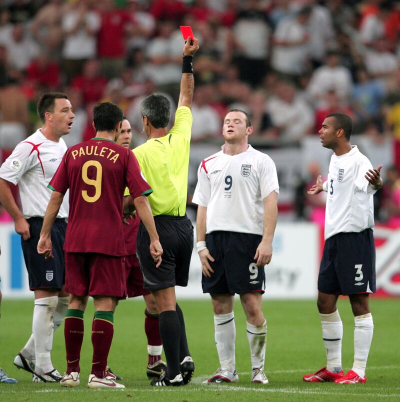 England's Wayne Rooney is sent off after stamping on Portugal's Alberto Ricardo Carvalho during the quarter-final of the FIFA World Cup in Gelsenkirchen, Germany on July 1, 2006. PA