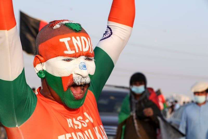 India cricket fan Sudhir Kumar Chaudhary arrives at Zayed Cricket Stadium in Abu Dhabi for the India v Afghanistan game in the T20 World Cup on Wednesday, November 3. Khushnum Bhandari /  The National
