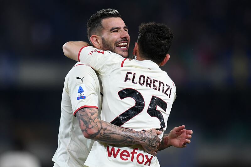 Alessandro Florenzi of AC Milan celebrates with Theo Hernandez against Hellas Verona. Getty Images