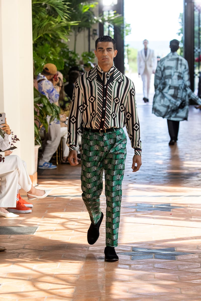 The geometric patterning across the men's collection nodded to Miami's Art Deco architecture