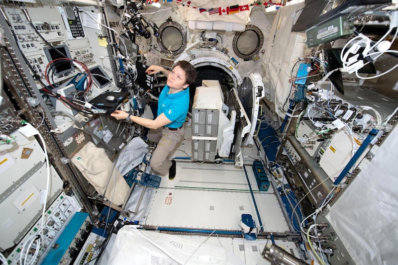 RRXFCD NASA astronaut Anne McClain works inside the Japanese Kibo laboratory aboard the International Space Station January 30, 2019 in Earth Orbit.