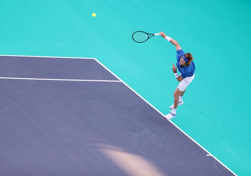 Abu Dhabi, United Arab Emirates - Reporter: Jon Turner: Andrey Rublev serves during the fifth place play-off between Andrey Rublev v Hyeon Chung at the Mubadala World Tennis Championship. Friday, December 20th, 2019. Zayed Sports City, Abu Dhabi. Chris Whiteoak / The National