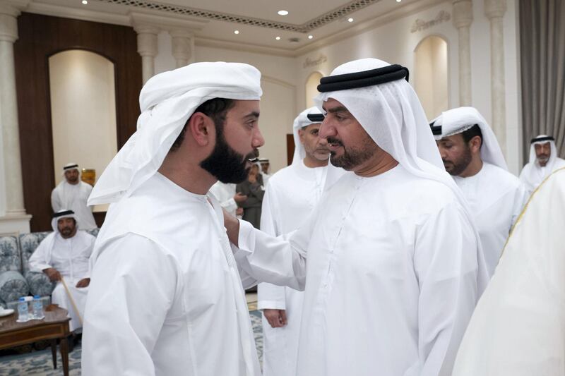 ABU DHABI, UNITED ARAB EMIRATES - November 20, 2019: HH Sheikh Abdullah bin Salem Al Qasimi, Deputy Ruler of Sharjah (R) offers condolences to HH Dr Sheikh Hazza bin Sultan bin Zayed Al Nahyan (L), on the passing of the late HH Sheikh Sultan bin Zayed Al Nahyan, at Al Mushrif Palace.

( Mohamed Al Hammadi / Ministry of Presidential Affairs )
---