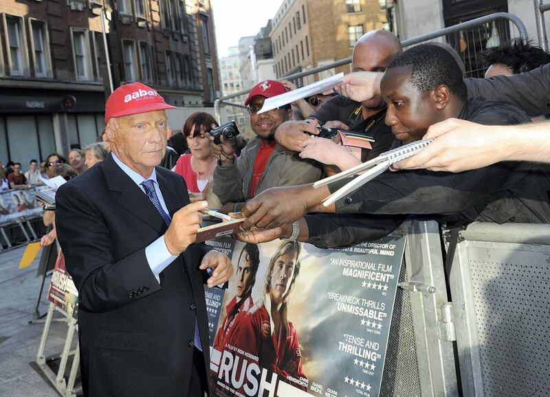 LONDON, ENGLAND - SEPTEMBER 02: Niki Lauda attends the "Rush" World Premiere at Odeon Leicester Square on September 2, 2013 in London, England.  (Photo by Stuart C. Wilson/Getty Images for StudioCanal)