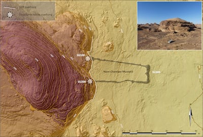 A map showing the mustatil: SU300 represents the eastern wall of the structure, while SU200 marks a stone cairn and SU100 identifies the platform containing the horn chamber. Photo: Royal Commission for AlUla 