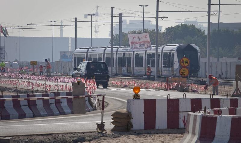 The first trial run of Dubai’s tram network saw a car travel 2.5 kilometres from its Al Sufouh depot. Razan Alzayani / The National