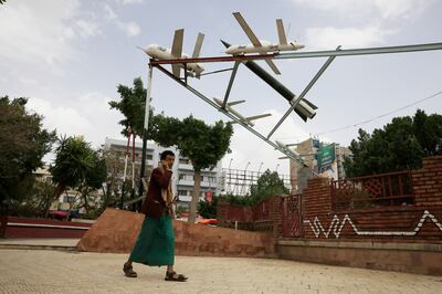 Models of Houthi drones and missiles on display in Sanaa, Yemen. EPA