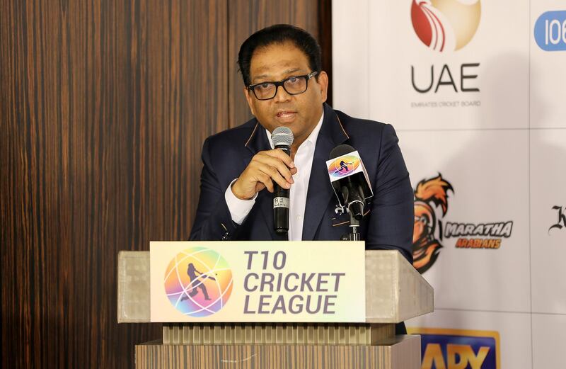 DUBAI , UNITED ARAB EMIRATES , OCT 24   – 2017 :- Shaji Ul Mulk , League Chairman speaking during the T10 Cricket League draw at the Capital Club in DIFC in Dubai. (Pawan Singh / The National) Story by Paul Radley