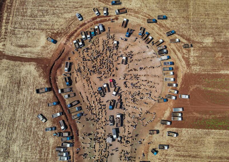 An aerial view of the livestock market in Maaret Misrin. AFP