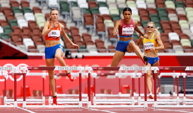 Sydney McLaughlin of the US clears a hurdle.